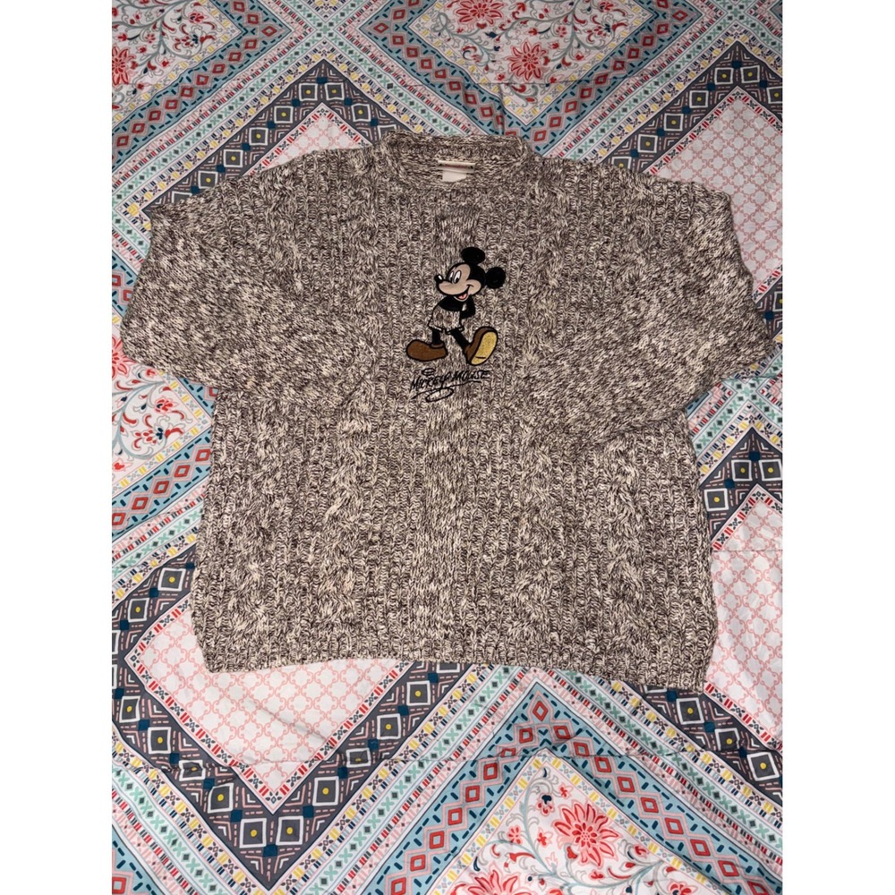 Disneyland Mickey Mouse Chunky Cable Knit Sweater Brown Marled Ramie Cotton XL